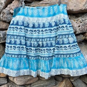Chaps Denim Blue Block Print Skirt Size 14 Lined Side Zip Boho Cotton